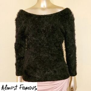 Almost Famous Black Fuzzy Teddy V-Back Sweater